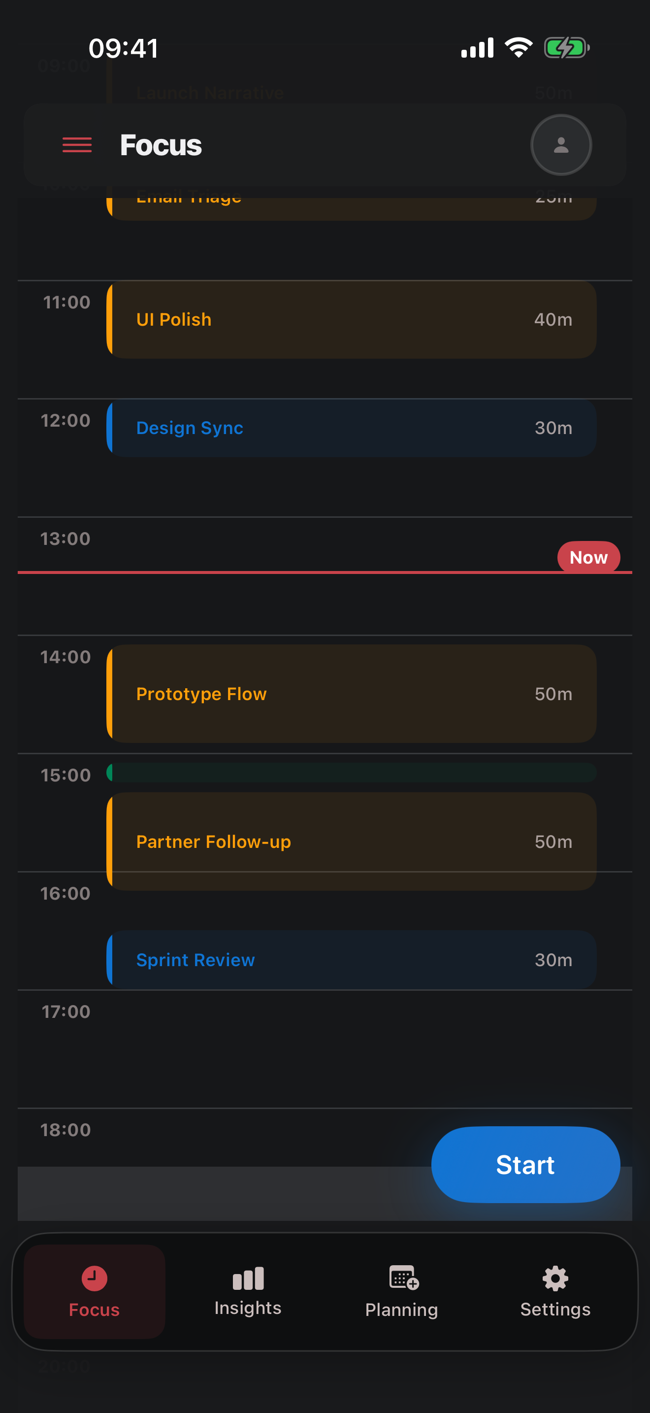 Me Focused Focus view showing tasks arranged around the current time